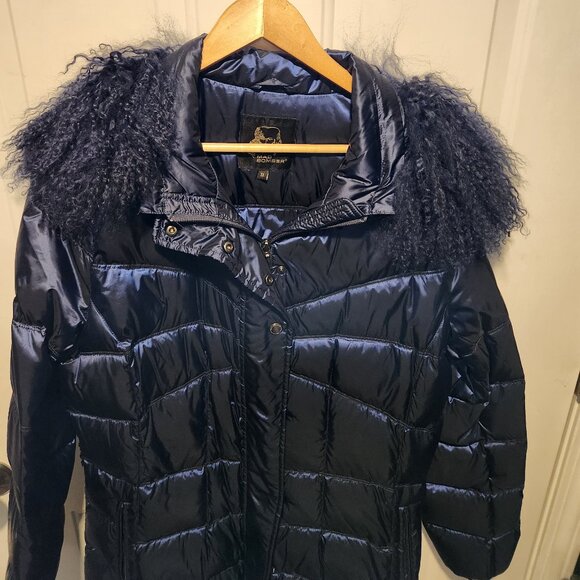 Mad Bomber Womens XL Navy Blue 3/4 Length Puffer Jacket Tibetan Lamb Trim - Picture 3 of 6